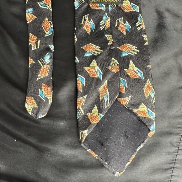 Vintage Damon Mens Black Necktie Blue and Orange Geometric Silk Made In Italy - Picture 14 of 16
